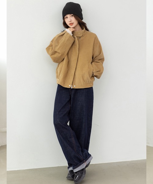 DAY CLOSET（デイ クローゼット）の「【2WAYスタンドカラー】裾ゴムと袖タックで引き締めシルエット。長袖 スナップボタン×ジップ コーデュロイ ジャケット レディース（ブルゾン・レディース・ベージュ/チャコールグレー・FREE）」の16枚目の写真