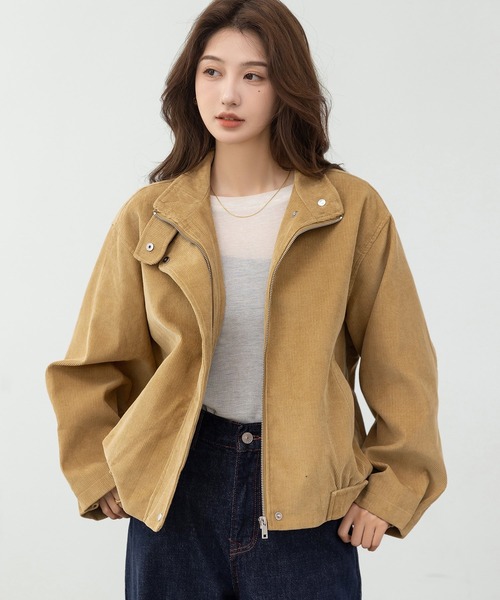 DAY CLOSET（デイ クローゼット）の「【2WAYスタンドカラー】裾ゴムと袖タックで引き締めシルエット。長袖 スナップボタン×ジップ コーデュロイ ジャケット レディース（ブルゾン・レディース・ベージュ/チャコールグレー・FREE）」の15枚目の写真