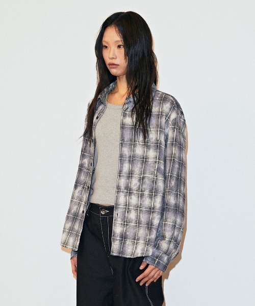 MAHAGRID（マハグリッド）の「『mahagrid/マハグリッド』 Overdyed Check Shirt/オーバーダイチェックシャツ（シャツ/ブラウス・レディース・チャコールグレー・S/M）」の3枚目の写真