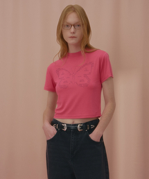 テキストバタフライクロップ半袖Tシャツピンク