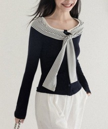 shameless（シェイムレス）の「オフショルストライプリボンレイヤードトップス（ニット/セーター）」