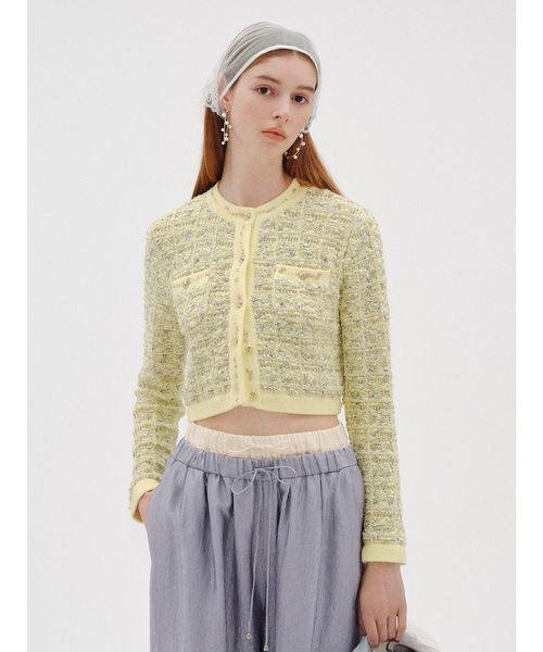 LILY BROWN（リリーブラウン）の「ツイードニットカーディガン（カーディガン/ボレロ・レディース・イエロー/ブルー/アイボリー・F）」の4枚目の写真