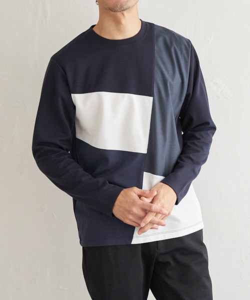 ikka(イッカ)の「ブロックスポンチ切り替えロンT(Tシャツ/カットソー・メンズ・ホワイト/ネイビー/ブラック・S/M/L/XL)」の3枚目の写真