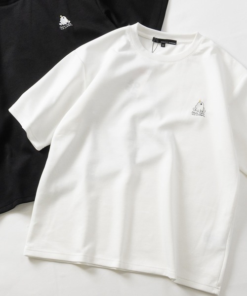 JOHN'S CLOSET(ジョンズクローゼット)の「【31】アソートデザインワンポイント刺しゅう半袖ポンチTシャツ ハチワレ/クロネコ/オバケ(Tシャツ/カットソー・メンズ・ホワイト系1/ホワイト系2/ホワイト系3/ブラック系2/ブラック系4/ホワイト系4/ブラック系1/ブラック系3・MEDIUM/LARGE)」の2枚目の写真