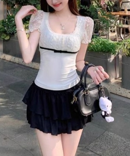 SHEPP(シープ)の「レース切替 リボン スクエアネック パフスリーブ 半袖カットソー(Tシャツ/カットソー・レディース・アイボリー・S/M)」の4枚目の写真
