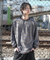 ピグメントストライプリンガー長袖Tシャツ - チャコール