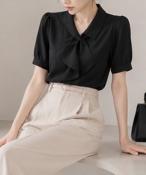 CLOTHY(クロシィ)の「【オンオフ兼用で、通勤コーデが格上げ♪】アシメボウタイ半袖ブラウス(シャツ/ブラウス・レディース・ピンク/アイボリー/ブラック・FREE)」の19枚目の写真