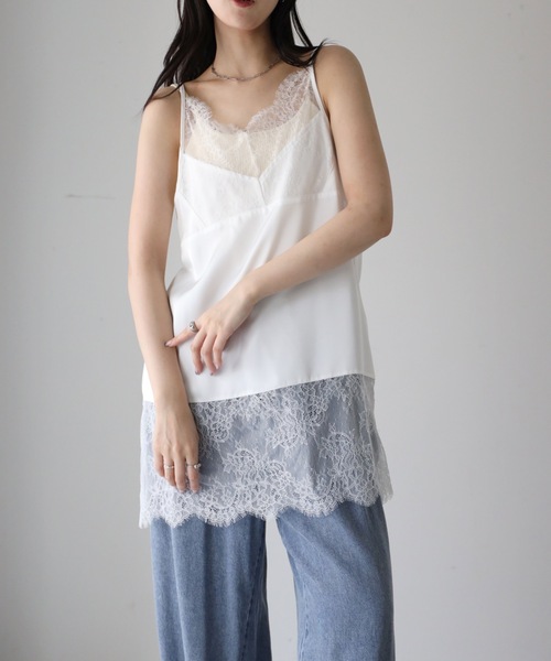 YENNA(イェンナ)の「レースレイヤードサテンキャミチュニック/スリップドレス(キャミソール・レディース・ブラック/アイボリー・FREE)」の8枚目の写真