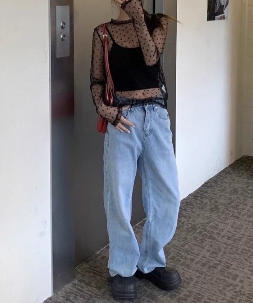 Teem Store(チームストア)の「【ドット柄】チュールトップス 長袖 インナー レイヤード 重ね着(Tシャツ/カットソー・レディース・ホワイト/ブラック・F)」の3枚目の写真