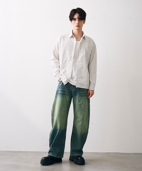 Shoowtime(ショウタイム)の「Washed striped cropped shirt / ウォッシュドショート丈ストライプシャツ(シャツ/ブラウス・メンズ・ホワイト系その他・MEDIUM/LARGE/X-LARGE)」の2枚目の写真