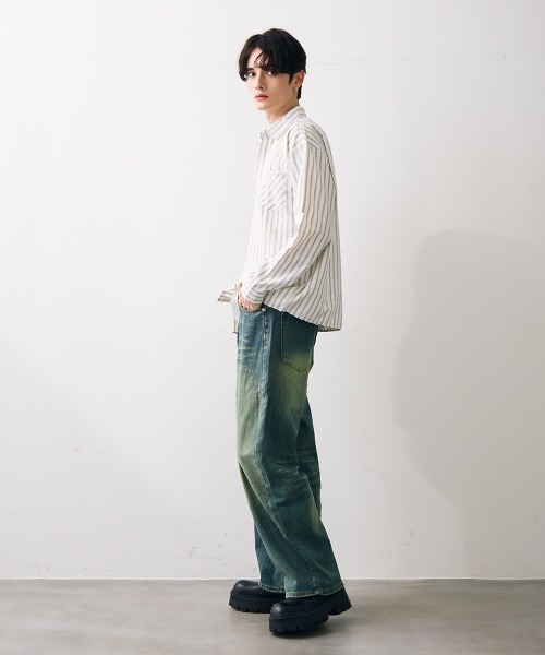 Shoowtime(ショウタイム)の「Washed striped cropped shirt / ウォッシュドショート丈ストライプシャツ(シャツ/ブラウス・メンズ・ホワイト系その他・MEDIUM/LARGE/X-LARGE)」の3枚目の写真