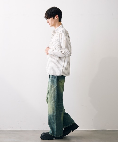 Shoowtime(ショウタイム)の「Washed striped cropped shirt / ウォッシュドショート丈ストライプシャツ(シャツ/ブラウス・メンズ・ホワイト系その他・MEDIUM/LARGE/X-LARGE)」の9枚目の写真