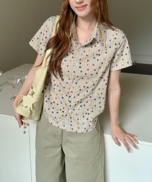 AsRiRe(アスリレイ)の「26ss summer SummerCollection/新柄追加 チェック/ドット柄半袖シャツ(シャツ/ブラウス・レディース・パープル/レッド/ライトブルー/ブルー/グリーン/ブラック/レッド系その他/イエロー・M)」の7枚目の写真