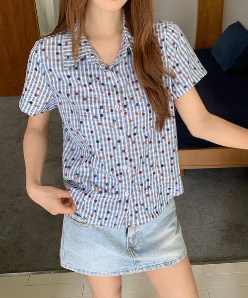 AsRiRe(アスリレイ)の「26ss summer SummerCollection/新柄追加 チェック/ドット柄半袖シャツ(シャツ/ブラウス・レディース・パープル/レッド/ライトブルー/ブルー/グリーン/ブラック/レッド系その他/イエロー・M)」の5枚目の写真