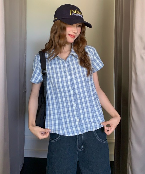 AsRiRe(アスリレイ)の「26ss summer SummerCollection/新柄追加 チェック/ドット柄半袖シャツ(シャツ/ブラウス・レディース・パープル/レッド/ライトブルー/ブルー/グリーン/ブラック/レッド系その他/イエロー・M)」の4枚目の写真