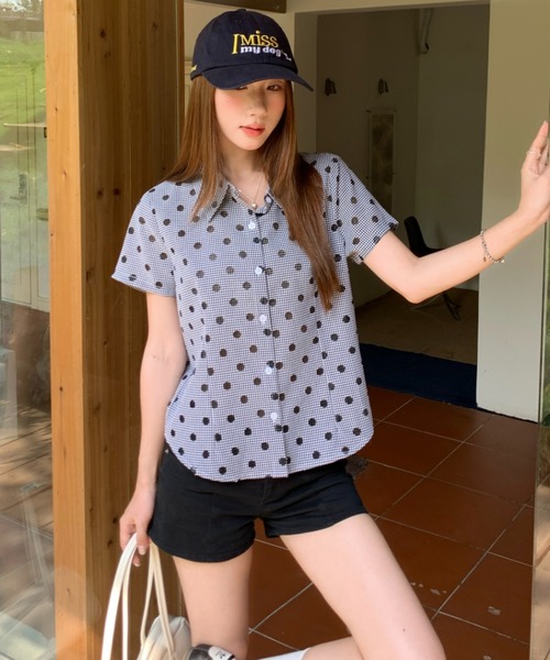 AsRiRe(アスリレイ)の「26ss summer SummerCollection/新柄追加 チェック/ドット柄半袖シャツ(シャツ/ブラウス・レディース・パープル/レッド/ライトブルー/ブルー/グリーン/ブラック/レッド系その他/イエロー・M)」の2枚目の写真