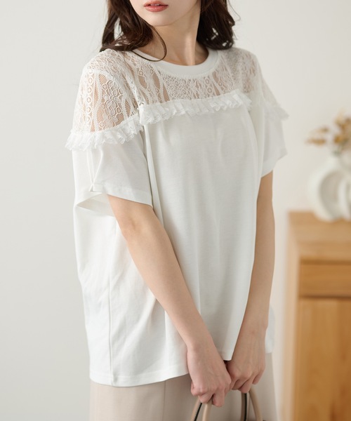 DAYRA(デイラ)の「レース 切替 半袖 フリンジ トップス(Tシャツ/カットソー・レディース・ホワイト/ブラック・FREE)」の2枚目の写真