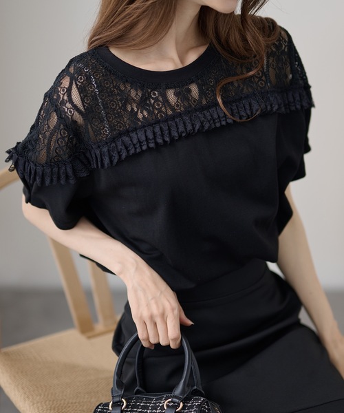 DAYRA(デイラ)の「レース 切替 半袖 フリンジ トップス(Tシャツ/カットソー・レディース・ホワイト/ブラック・FREE)」の12枚目の写真