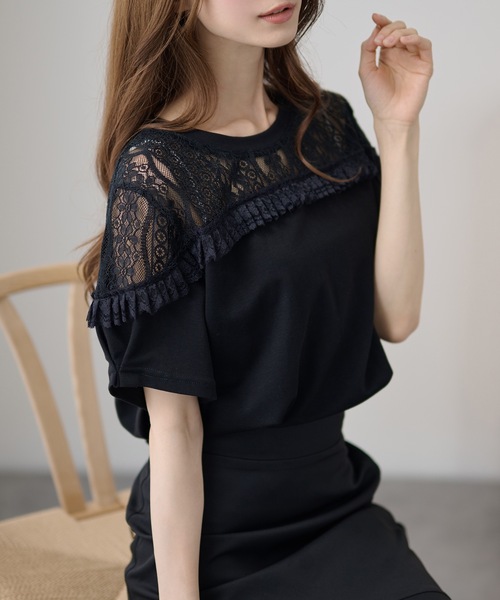 DAYRA(デイラ)の「レース 切替 半袖 フリンジ トップス(Tシャツ/カットソー・レディース・ホワイト/ブラック・FREE)」の13枚目の写真
