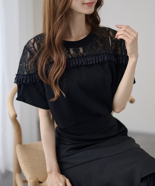DAYRA(デイラ)の「レース 切替 半袖 フリンジ トップス(Tシャツ/カットソー・レディース・ホワイト/ブラック・FREE)」の15枚目の写真