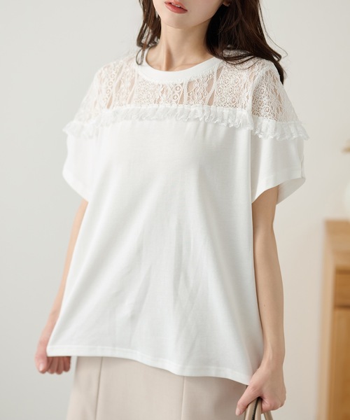 DAYRA(デイラ)の「レース 切替 半袖 フリンジ トップス(Tシャツ/カットソー・レディース・ホワイト/ブラック・FREE)」の8枚目の写真