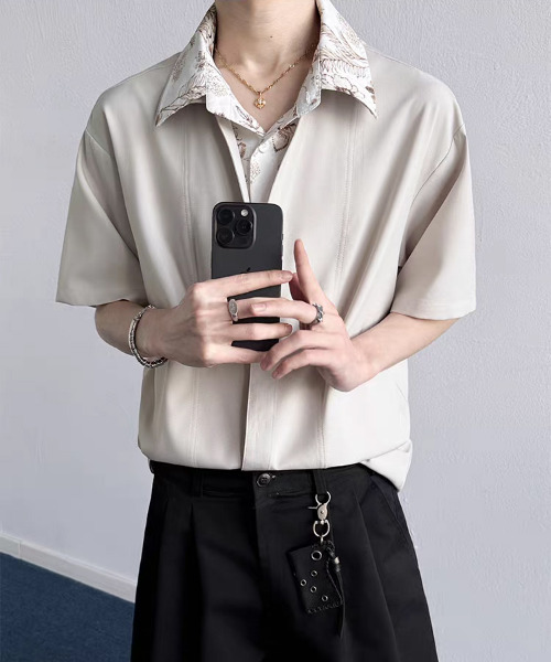 neos（ネオス）の「【neos】フェイクレイヤード フラワー総柄 オープンカラー 半袖シャツ 花柄 配色 切替 ビッグシルエット ドレープシャツ ユニセックス（シャツ/ブラウス・メンズ・ブラック/アイボリー・X-LARGE/LARGE/MEDIUM）」の17枚目の写真