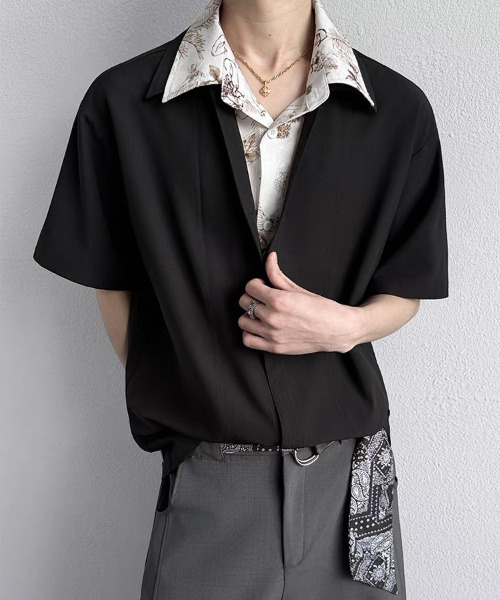 neos（ネオス）の「【neos】フェイクレイヤード フラワー総柄 オープンカラー 半袖シャツ 花柄 配色 切替 ビッグシルエット ドレープシャツ ユニセックス（シャツ/ブラウス・メンズ・ブラック/アイボリー・X-LARGE/LARGE/MEDIUM）」の5枚目の写真