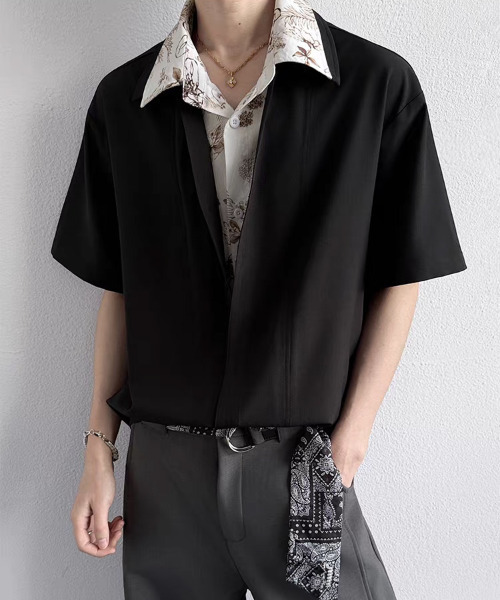 neos（ネオス）の「【neos】フェイクレイヤード フラワー総柄 オープンカラー 半袖シャツ 花柄 配色 切替 ビッグシルエット ドレープシャツ ユニセックス（シャツ/ブラウス・メンズ・ブラック/アイボリー・X-LARGE/LARGE/MEDIUM）」の7枚目の写真