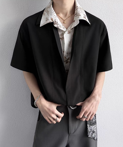 neos（ネオス）の「【neos】フェイクレイヤード フラワー総柄 オープンカラー 半袖シャツ 花柄 配色 切替 ビッグシルエット ドレープシャツ ユニセックス（シャツ/ブラウス・メンズ・ブラック/アイボリー・X-LARGE/LARGE/MEDIUM）」の8枚目の写真