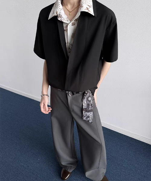 neos（ネオス）の「【neos】フェイクレイヤード フラワー総柄 オープンカラー 半袖シャツ 花柄 配色 切替 ビッグシルエット ドレープシャツ ユニセックス（シャツ/ブラウス・メンズ・ブラック/アイボリー・X-LARGE/LARGE/MEDIUM）」の9枚目の写真