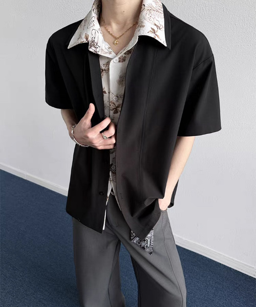 neos（ネオス）の「【neos】フェイクレイヤード フラワー総柄 オープンカラー 半袖シャツ 花柄 配色 切替 ビッグシルエット ドレープシャツ ユニセックス（シャツ/ブラウス・メンズ・ブラック/アイボリー・X-LARGE/LARGE/MEDIUM）」の10枚目の写真
