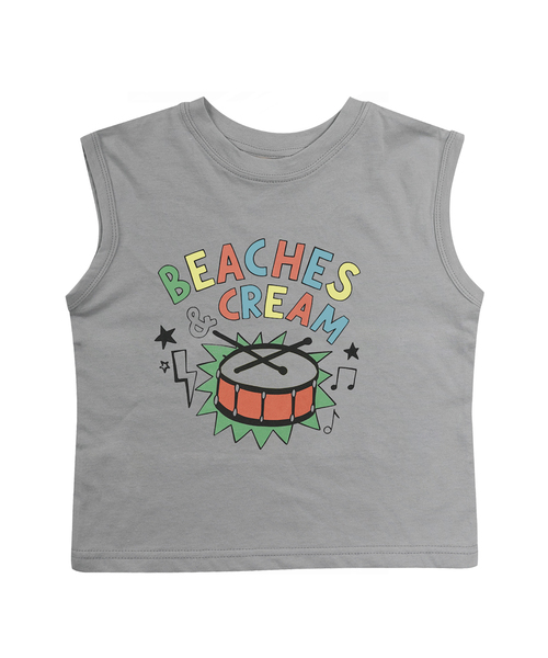 BEACHESAND CREAM KIDS(ビーチスアンドクリームキッズ)の「ドラム 袖なしTシャツ-グレー(Tシャツ/カットソー・レディース・グレー・SMALL/MEDIUM/LARGE)」の1枚目の写真