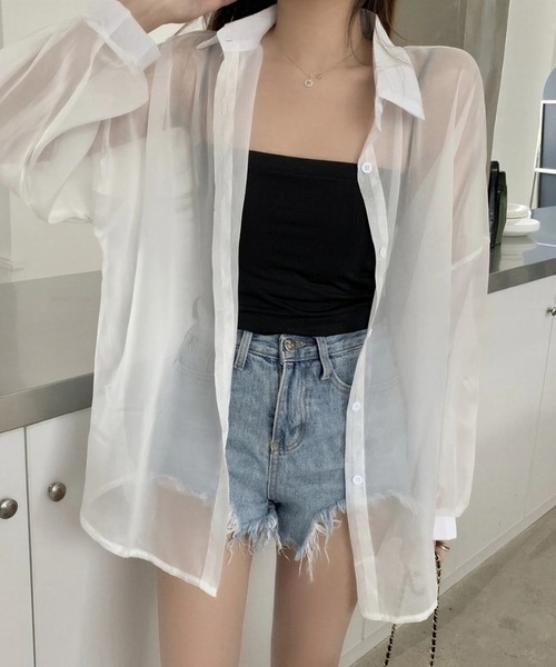 yuue' ( wear )(ユーイ)の「オーバーサイズシアーシャツ/冷房対策/日焼け対策(シャツ/ブラウス・レディース・チャコールグレー/ブラック/ピンク/アイボリー/ホワイト・FREE)」の1枚目の写真