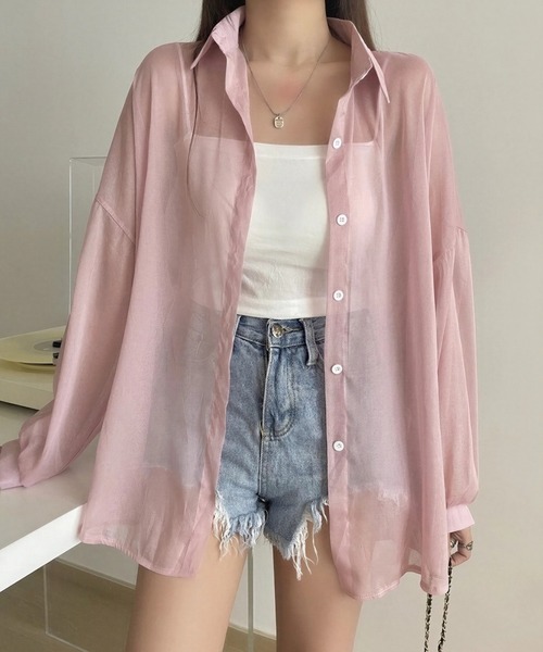 yuue' ( wear )(ユーイ)の「オーバーサイズシアーシャツ/冷房対策/日焼け対策(シャツ/ブラウス・レディース・チャコールグレー/ブラック/ピンク/アイボリー/ホワイト・FREE)」の5枚目の写真