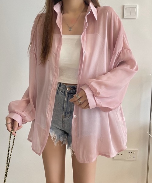 yuue' ( wear )(ユーイ)の「オーバーサイズシアーシャツ/冷房対策/日焼け対策(シャツ/ブラウス・レディース・チャコールグレー/ブラック/ピンク/アイボリー/ホワイト・FREE)」の12枚目の写真