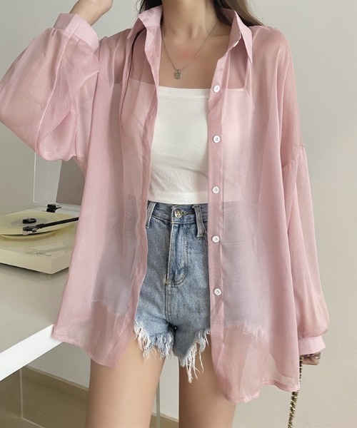 yuue' ( wear )(ユーイ)の「オーバーサイズシアーシャツ/冷房対策/日焼け対策(シャツ/ブラウス・レディース・チャコールグレー/ブラック/ピンク/アイボリー/ホワイト・FREE)」の9枚目の写真