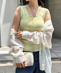 レースリブニットトップス