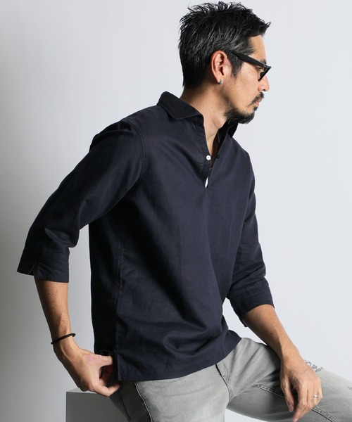 The DUFFER of ST.GEORGE(ザダファーオブセントジョージ)の「LINEN BLEND 3Q SKIPPER SHIRT:綿麻素材 7分袖 スキッパーシャツ(シャツ/ブラウス・メンズ・ピンク/ネイビー/ブラック/ブルー/ホワイト・SMALL/X-LARGE/LARGE/MEDIUM)」の3枚目の写真