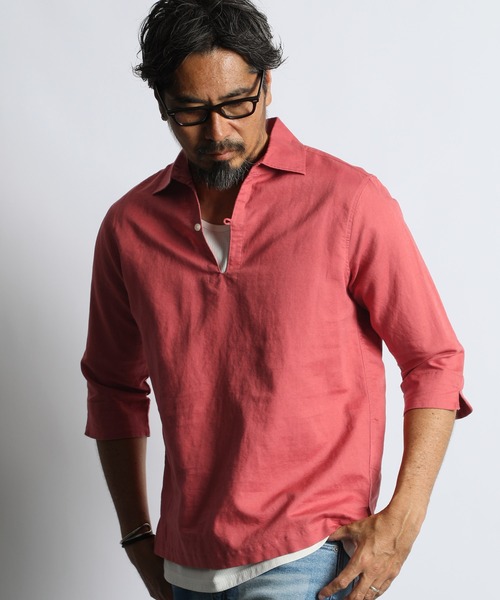 LINEN BLEND 3Q SKIPPER SHIRT：綿麻素材 7分袖 スキッパーシャツ