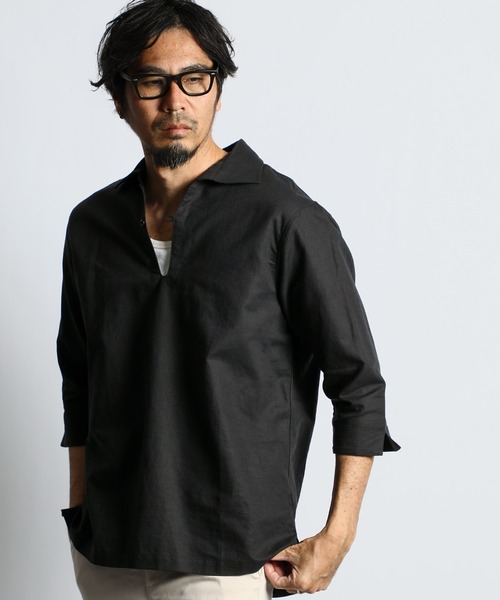 LINEN BLEND 3Q SKIPPER SHIRT：綿麻素材 7分袖 スキッパーシャツ