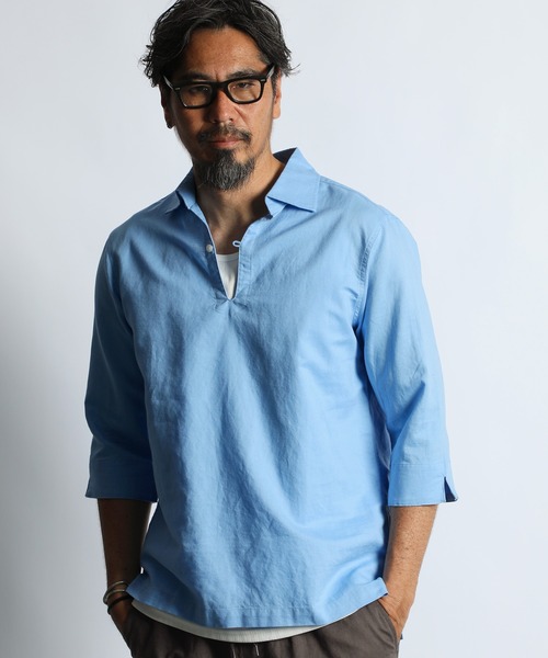 The DUFFER of ST.GEORGE(ザダファーオブセントジョージ)の「LINEN BLEND 3Q SKIPPER SHIRT:綿麻素材 7分袖 スキッパーシャツ(シャツ/ブラウス・メンズ・ピンク/ネイビー/ブラック/ブルー/ホワイト・SMALL/X-LARGE/LARGE/MEDIUM)」の15枚目の写真