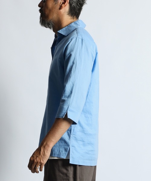 The DUFFER of ST.GEORGE(ザダファーオブセントジョージ)の「LINEN BLEND 3Q SKIPPER SHIRT:綿麻素材 7分袖 スキッパーシャツ(シャツ/ブラウス・メンズ・ピンク/ネイビー/ブラック/ブルー/ホワイト・SMALL/X-LARGE/LARGE/MEDIUM)」の19枚目の写真