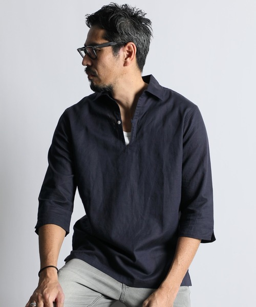 The DUFFER of ST.GEORGE(ザダファーオブセントジョージ)の「LINEN BLEND 3Q SKIPPER SHIRT:綿麻素材 7分袖 スキッパーシャツ(シャツ/ブラウス・メンズ・ピンク/ネイビー/ブラック/ブルー/ホワイト・SMALL/X-LARGE/LARGE/MEDIUM)」の13枚目の写真