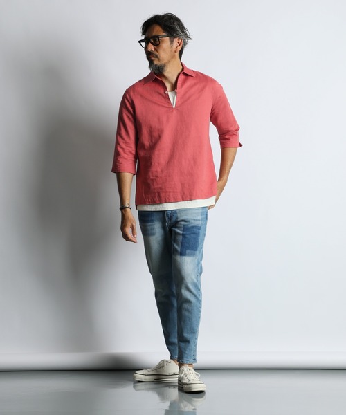 The DUFFER of ST.GEORGE(ザダファーオブセントジョージ)の「LINEN BLEND 3Q SKIPPER SHIRT:綿麻素材 7分袖 スキッパーシャツ(シャツ/ブラウス・メンズ・ピンク/ネイビー/ブラック/ブルー/ホワイト・SMALL/X-LARGE/LARGE/MEDIUM)」の18枚目の写真