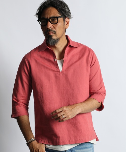 The DUFFER of ST.GEORGE(ザダファーオブセントジョージ)の「LINEN BLEND 3Q SKIPPER SHIRT:綿麻素材 7分袖 スキッパーシャツ(シャツ/ブラウス・メンズ・ピンク/ネイビー/ブラック/ブルー/ホワイト・SMALL/X-LARGE/LARGE/MEDIUM)」の17枚目の写真
