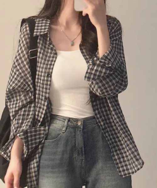 2ly2（トゥーリートゥー）の「軽やかに羽織れる！ゆったりチェック柄シャツ（シャツ/ブラウス・レディース・ピンク/ブラック/ホワイト・FREE）」の14枚目の写真