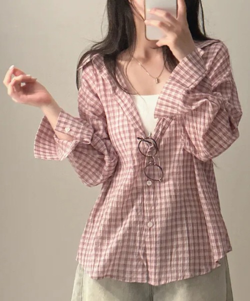 2ly2（トゥーリートゥー）の「軽やかに羽織れる！ゆったりチェック柄シャツ（シャツ/ブラウス・レディース・ピンク/ブラック/ホワイト・FREE）」の8枚目の写真