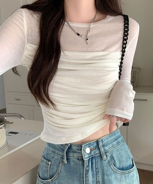 2ly2(トゥーリートゥー)の「透け感が魅力♪上品セクシーなシアートップス(Tシャツ/カットソー・レディース・ホワイト/ブラウン/カーキ・FREE)」の5枚目の写真