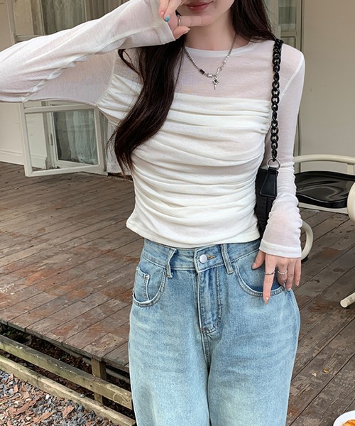 2ly2(トゥーリートゥー)の「透け感が魅力♪上品セクシーなシアートップス(Tシャツ/カットソー・レディース・ホワイト/ブラウン/カーキ・FREE)」の6枚目の写真