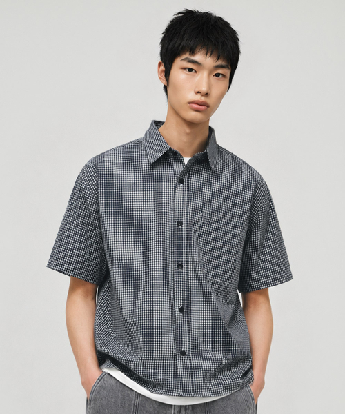 ECORR（エコル）の「[イコル x ホントギ] デイリークロップ半袖チェックシャツ : 2COLOR（シャツ/ブラウス・メンズ・ブラック/ネイビー・1/2）」の11枚目の写真